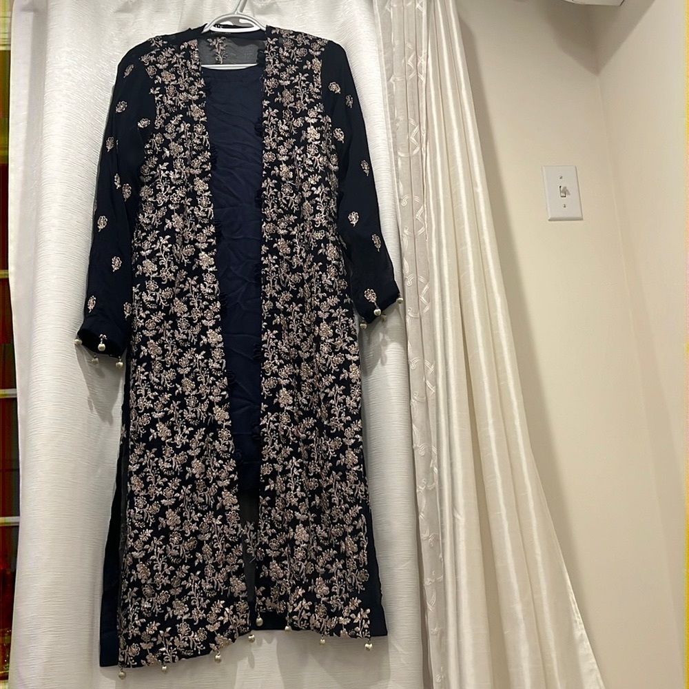 New Pakistani Indian Shalwar Kameez Navy Blue Suit Formal Embroidered Gold
